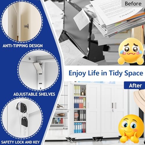 GAIOUS Metal Garage Storage Cabinet with Lock and Wheels, 45.7" Tall Metal Storage Cabinets with Locked Door and 3 Adjustable Shelves, Rolling Tool Cabinet, Utility File Cabinet for Home Office, White - Image 6