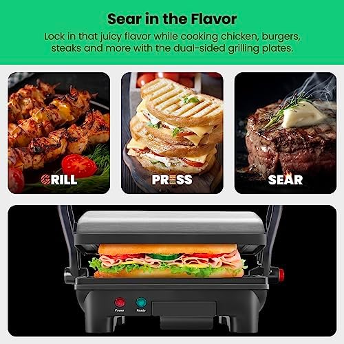 Chefman Electric Panini Press Grill, Compact 2-Slice Sandwich Maker, Non-Stick Coated Plates, Opens 180 Degrees, Dishwasher Safe, Removable Drip Tray, Stainless Steel/Black - Image 4