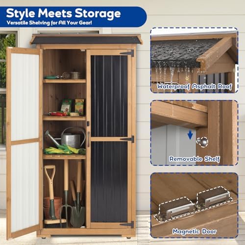 Outdoor Storage Cabinet Weather-Resistant, Wood & Metal Storage Shed with 3 Removable Shelves, Waterproof Roof, Adjustable Feet, Patio Storage Cabinet Outside for Garden Garage Backyard Pool - Image 3
