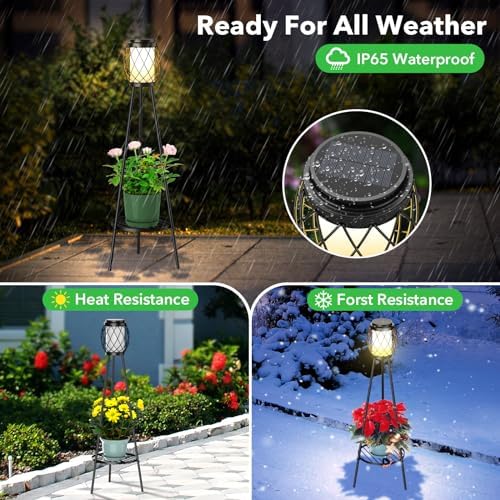 MXwcy 2-in-1 Solar Lights Outdoor with Plant Stand, Waterproof Vintage Solar Floor Lamp & Metal Planter Holder, Tall Geometric Lantern Tripod for Patio, Garden, Yard, Porch Decor (2 Pack) - Image 6