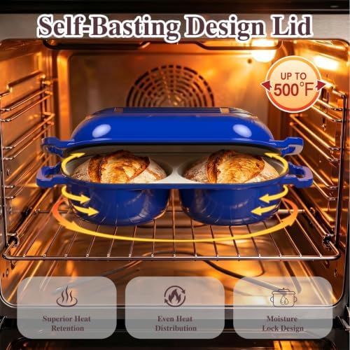 Umite Chef Mini Double Dutch Oven for Sourdough Bread Baking - Enameled Cast Iron Dutch Oven Pot with Lid and 5" Banneton Bread Proofing Basket Kit, Dual Round Bread Loaf Pan for Bread Baking (Blue) - Image 7