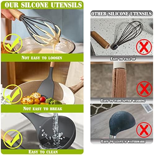 Umite Chef 36pcs Silicone Kitchen Cooking Utensils with Holder, Heat Resistant Cooking Utensils Sets Wooden Handle, Nonstick Kitchen Gadgets Tools Include Spatula Spoons Turner Pizza Cutter(Grey) - Image 3