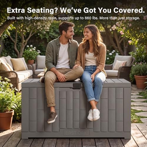 EAST OAK Outdoor Storage Box, 60 Gallon Deck Box Indoor and Outdoor Use, Waterproof Resin Storage Bin for Patio Cushions, Gardening Tools, Lockable, UV Resistant, Grey - Image 4
