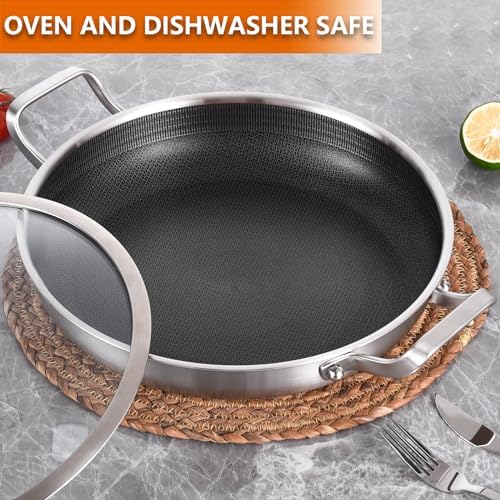 DELARLO Skillet With Lid,Tri-Ply Stainless Steel Pan,12 Inch Non Stick Paella Pan,Skillets And Frying Pans,Nonstick skillet Kitchen Oven Safe Skillet,Heavy Duty Style - Image 6