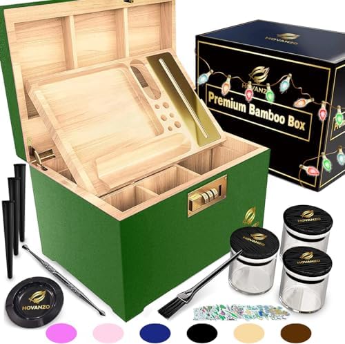 HOVANZO Premium Large Bamboo Storage Box with Organizer Tray - Storage Wood Box and Accessories - Decorative Box with Combination Lock - Large Wooden Container - Box Kit with Glass Jars by hovanzo