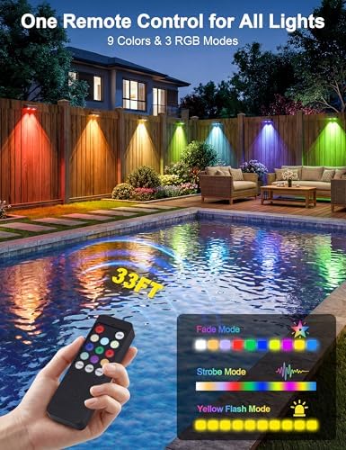JOFIOS Fence Lights Solar Powered with Remote, 9 Fixed Colors 12 Modes, Solar Fence Lights Outdoor Waterproof, Warm/Cool White, RGB LED Deck Lights for Yard/Railing/Balcony/Patio/Stair/Outside, 8 Pack - Image 2