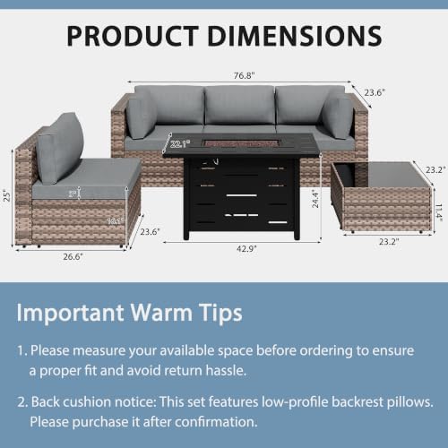 Shintenchi 6 Piece Outdoor Patio Furniture Set with 43 Inch Propane Fire Pit, Washable Cushions, Glass Coffee Table, Waterproof Cover & CSA Certified for Backyard Poolside, Brown PE Rattan/Gray - Image 2