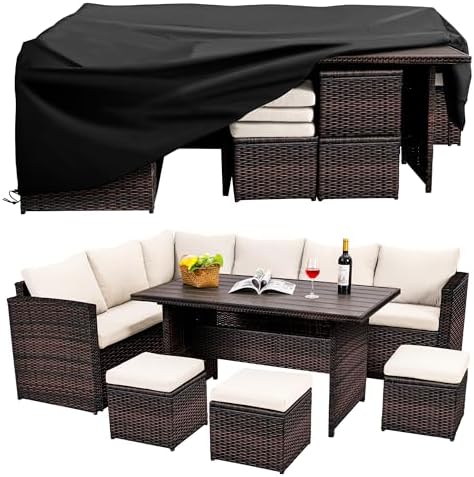 Wumiokio Patio Furniture Set, 7 Pieces Outdoor Patio Furniture with Dining Table&Chair, All Weather Wicker Conversation Set with Ottoman,Brown Rattan & Ivory Cushions (Include Sofa Dust Cover) by Wumiokio