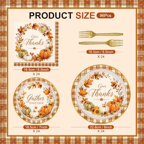 96 Pieces Thanksgiving Tableware Set – Fall Pumpkin Disposable Plates, Napkins, and Gold Forks for Thanksgiving Dinner, Friendsgiving, Harvest Party and Autumn Celebrations – Serves 24 Guests - Image 2