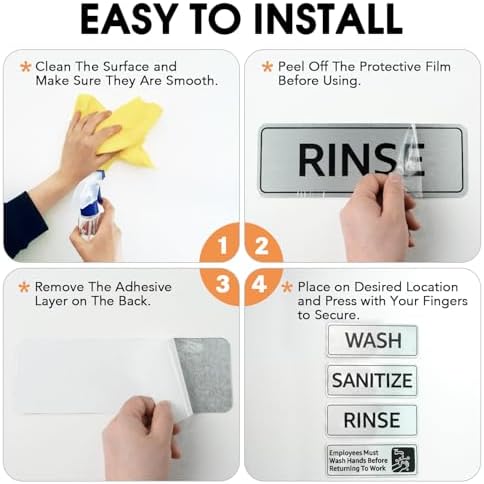 Faittoo Wash Rinse Sanitize Sink Labels Signs with Employees Must Wash Hands Sign, (4 Pack) 9" x 3" Rust Free Brushed Aluminum Sign, Self-adhesive, for Restaurant, Hotel, Rest Stops, Company - Image 5