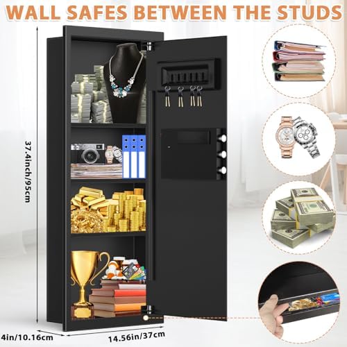 Black 37.4" Tall Wall Safe Between Studs with Combo Lock & Removable Shelf - Image 2