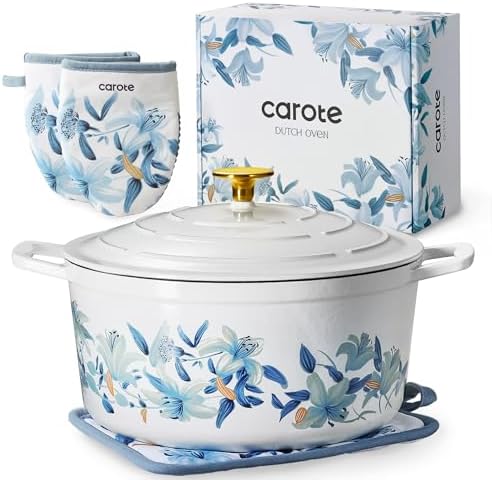 CAROTE 7QT Enameled Cast Iron Dutch Oven Pot with Lid, White & Blue by CAROTE