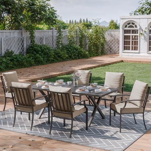 ALAULM 7-Piece Patio Dining Table and Chairs Outdoor Dining Set for 6 Patio Dining Sets with Rectangular Metal Table with Umbrella Hole for Patio, Backyard, Garden-Sand - Image 2