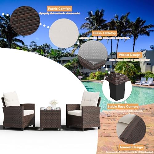 Shintenchi 3 Pieces Patio Furniture Set, PE Rattan Wicker 3 Pcs Patio Set, Outdoor Furniture Set with Two Outdoor Chairs and Table, Conversation Set for Garden, Poolside, Balcony, and Porch(Beige) - Image 5