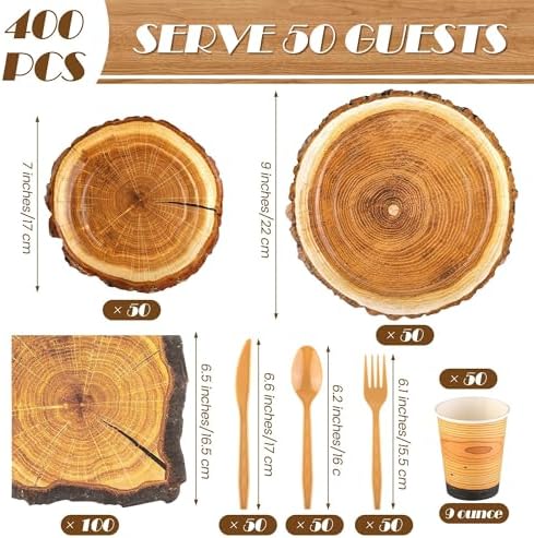 Kochorie 400 Pieces Wood Slice Disposable Tableware Sets, Rustic Wood Party Supplies with Plates Cups Napkins Cutlery Serves 50 for Birthday Hunting Forest Themed Party Decorations - Image 2