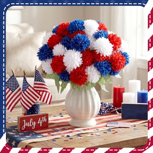 XunYee 12 Pcs Red White Blue Artificial Flowers for Outdoor,Faux Mums - Image 3