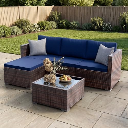 Patio Furniture Set - All-Weather -5 Piece Outdoor Patio Conversation Couch Sets, Modular Wicker Rattan Sectional Sofa for Garden, Patio, Poolside, Backyard, Balcony, Porch,Navy Blue by Unknown