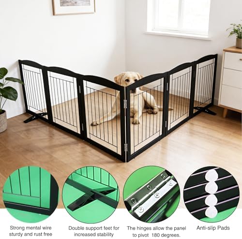 ZJSF Freestanding Dog Fence Indoor, Foldable Dog Gate for Doorways, Stairs or Hallways, Sturdy Wood Extra Wide Pet Gate with Support Feet for The House, Black, 24 "Height-6 Panels - Image 5