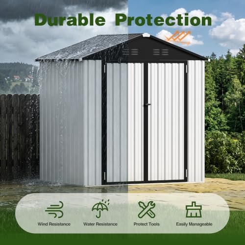 6 x 4 FT Outdoor Storage Shed, Waterproof Metal Garden Tool Shed with Gable Sloped Roof, Lockable Door & Air Vents for Backyard Patio Lawn, White - Image 5