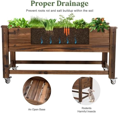 OIPRTGFJ Cedar Wood Outdoor Raised Garden Bed Planter Box with Locking Wheels, 41x21x20 inch, Carbonization Color - Image 6