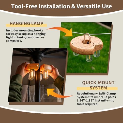 Wood Grain Patio Umbrella Light with Remote Control, Rechargeable Cordless LED Edison Bulbs Pole Light with 10 Brightness Levels for Garden, Patio, Backyard, Camping or BBQ (2 Pack) - Image 2