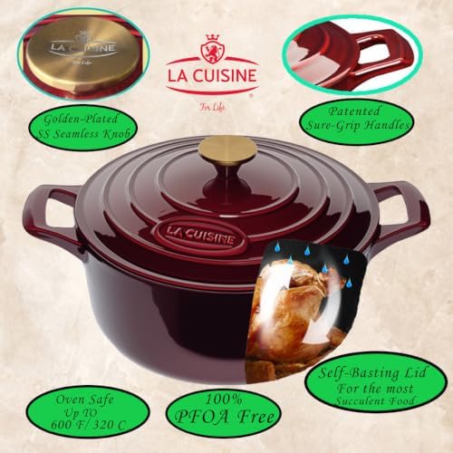 La Cuisine Enameled Cast Iron Dutch Oven Casserole Pot with Golden handle for Lid, Internal Matte Black Enamel Coating, 6.5 QT 11" / 28cm Ø, Oven-Safe 550°F/276°C, Cranberry - Image 3