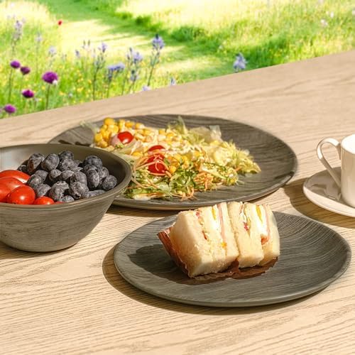TP 18-Piece Dinnerware Set, Melamine Dishes Set with Bowls and Plates, Service for 6, Non-breakable Lightweight Dining Tableware, Grayish-brown Wood Grain - Image 5