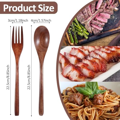 cobee Wooden Spoon and Fork for Eating,8Pcs Wood Dinner Utensil Set Handmade Reusable Kitchen Wooden Flatware Tableware Cutlery Set for Stirring Cooking Camping Party 9 Inch - Image 3