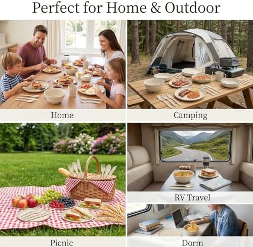 SHECIPIN 42-Piece Wheat Straw Dinnerware Set, Large Round Plates, Bowls and Cups, Unbreakable dish set, Dishwasher and Microwave Safe, Outdoor Dishes (Beige) - Image 5