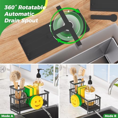 Sponge Holder for Kitchen Sink,Sink Caddy with Removable Dish Brush Holder,Self-Draining Kitchen Countertop Organizers and Storage Essentials,Soap Dispenser Organize and Home Decor-Black - Image 4