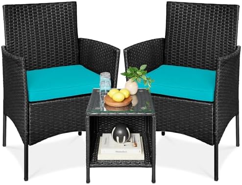 Best Choice Products 3-Piece Outdoor Wicker Conversation Bistro Set, Space Saving Patio Furniture for Garden w/Side Table - Black/Teal by BestChoiceProducts