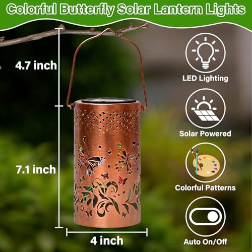 Colorful Solar Lanterns Outdoor Waterproof, Garden Decor LED Butterfly Solar Lights Gifts for Women Mom Sister Grandma, Metal Hanging Lantern for Outside Table Tree Garden Patio Yard Lawn Porch Decor - Image 3