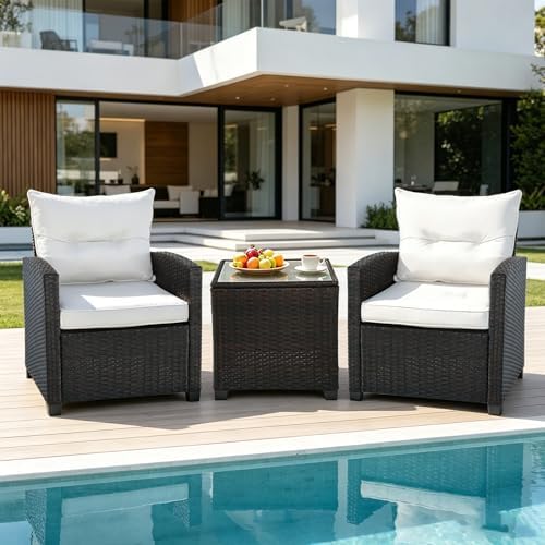 3 PCS Patio Wicker Conversation Set Sofa Table Set White Cushion - Image 3