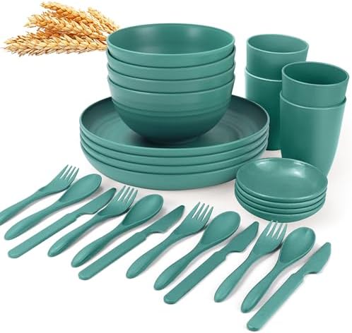 Wrova wheat straw bowls,plates,cups and cutlery sets 28 pcs - Dishwasher safe dish sets for kitchen, camping, indoors and outdoors.Green by WROVA