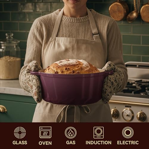 Vintage Style 6 Quart Dutch Oven Pot with Lid, Non Stick Enameled Cast Iron Dutch Oven for Bread Baking, Heavy-Duty, Oven Safe Ceramic Cookware Up to 500°F for Baking, Braising, Stews, Roasting, Fig - Image 5