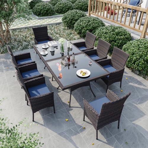 Gotland 10 Piece Outdoor Dining Set, All-Weather Rattan Patio Furniture Set with Umbrella Hole Tempered Glass Square Table, Outdoor Table and Chairs with Removable Cushions for Backyard, Deck Navy by Gotland