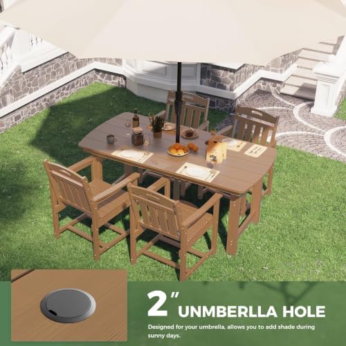HDPE Outdoor Dining Set, Patio Table and 4 Chairs, 2" Umbrella Hole, Teak - Image 5