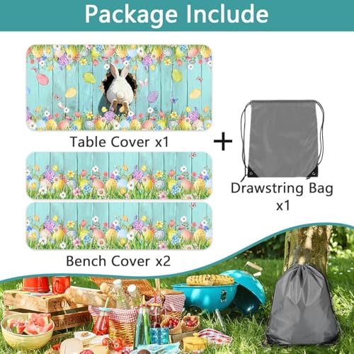 Easter Picnic Table Cover with Bench Covers, Cute Bunny Flower Blue Wooden Board Camping Tablecloth, Waterproof Windproof, Fitted Tablecloth Cover with Elastic Edge, for Outdoor, 3 PCS, 30x96 Inch - Image 4