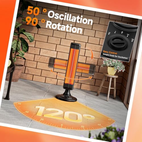 Outdoor Electric Patio Heater, 500W / 1000W Infrared Heater with Carbon Fiber Heating 90° Rotatable 50° Oscillation Portable Floor Heater for Patio, Porch, Garage and Workshop, Black - Image 3