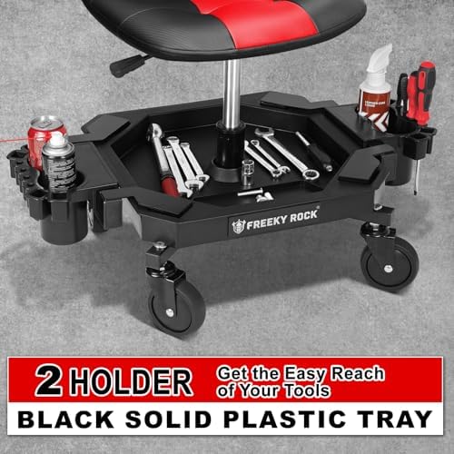 Rolling Stool with Wheels, Adjustable Height Pneumatic Garage Work Mechanic Stool Seat with Backrest, 400 LBS Capacity 360° Swivel Mechanic Crepper Chair with Tool Tray Storage, Red - Image 5