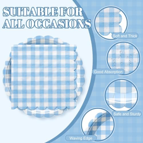 Roshtia 120 Pcs Blue Gingham Plates and Napkins Set, Boy Baby Shower - Image 3