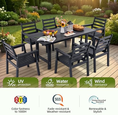 10-Piece Outdoor Dining Set, All-Weather HDPE Patio Furniture, Two 66.5" Slatted Table with 1.6" Umbrella Hole & 8 Ergonomic Armchairs, Heavy Duty 350lbs Capacity, UV Resistant, Black - Image 6