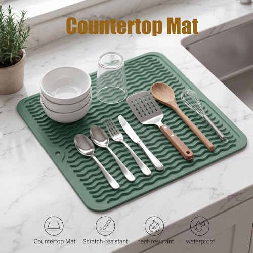 MicoYang Silicone Dish Drying Mat for Multiple Usage,Easy clean,Eco-friendly,Heat-resistant Silicone Mat for Kitchen Counter or Sink,Refrigerator or Drawer liner Green M 12 inches x 12 inches - Image 3