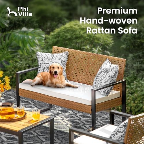 PHI VILLA 4 Piece Brown Wicker Patio Furniture Set with Beige Cushion - Image 3