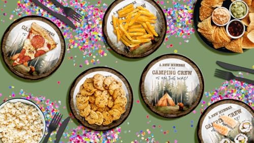 Birthday Galore New Member of Camping Crew Baby Shower - 32 Piece Disposable Party Supplies - Camping Baby Shower Decorations - Round Party Plates - Large 9" Paper Plates In Bulk - Image 7