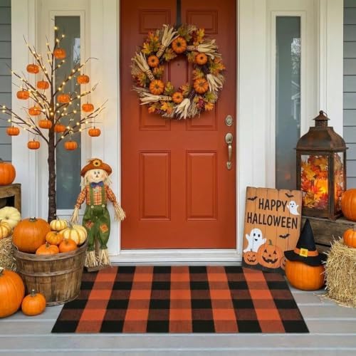 MUBIN Fall Decor Cotton Buffalo Plaid Rug, 27.5x43 Orange Black Outdoor Rug Front Door Decorative Mat, Washable Halloween Doormat Foldable Area Rug Layered Door Mats Rug for Front Porch, Entryway by MUBIN