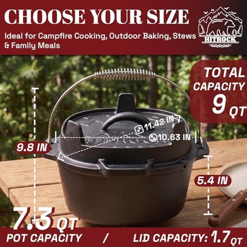 HITROCK Cast Iron Camp Dutch Oven 9QT, Pre-Seasoned Camping Dutch Oven with Lid, Flat Bottom Outdoor Pot with Lid Lifter,Pot Stand, Storage Bag & Handle for Camping, Baking, Grilling, Rounded-square Shape - Image 4