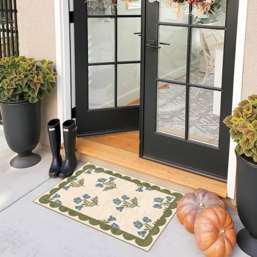 Front Door Mat Outside Entrance - 2x3 Floral Non-Slip Washable Doormat Indoor Outdoor Door Mat Sage Blue Floral Entry Rug Small Throw Rugs for Entryway Kitchen Front Porch Decor - Image 6