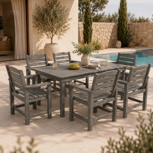 7-Piece Two-Tone Gray Patio Dining Table Sets, All-Weather HDPE Outdoor Furniture Set with Umbrella Hole, Light Gray Rectangular Table and 6 Dark Gray Chairs for Backyard Deck Garden by PatioKingdom