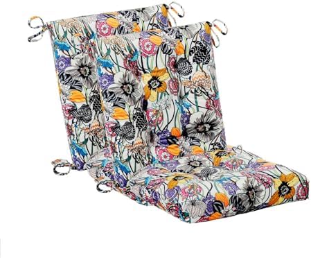 Patio Cushion, Rocking Chair Cushion, Tufted Pads, Set of Upper and Lower with Ties Pack of 2 (2 Sets) - Back 19"×16.5", Seat 16.5"×16.5" (Black Purple Flowers) by Makimoo